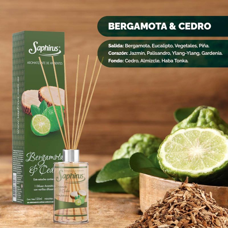 DIFUSOR AROMÁTICOS SAPHIRUS 125ml - BERGAMOTA Y CEDRO